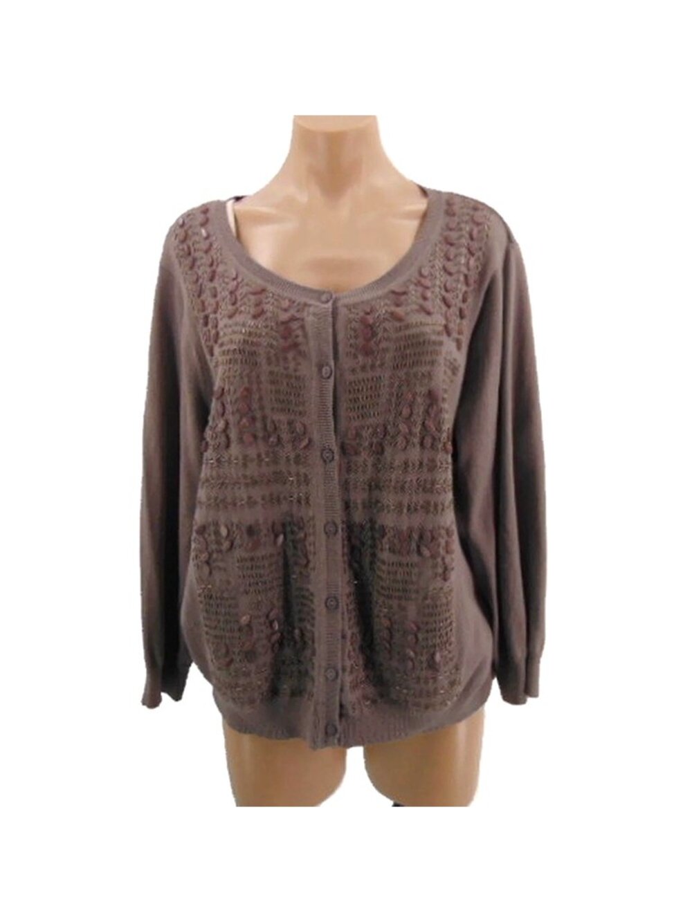Chicos Brown Beaded Cardigan 3 L Button Embellished New Ethnic Boho NWT